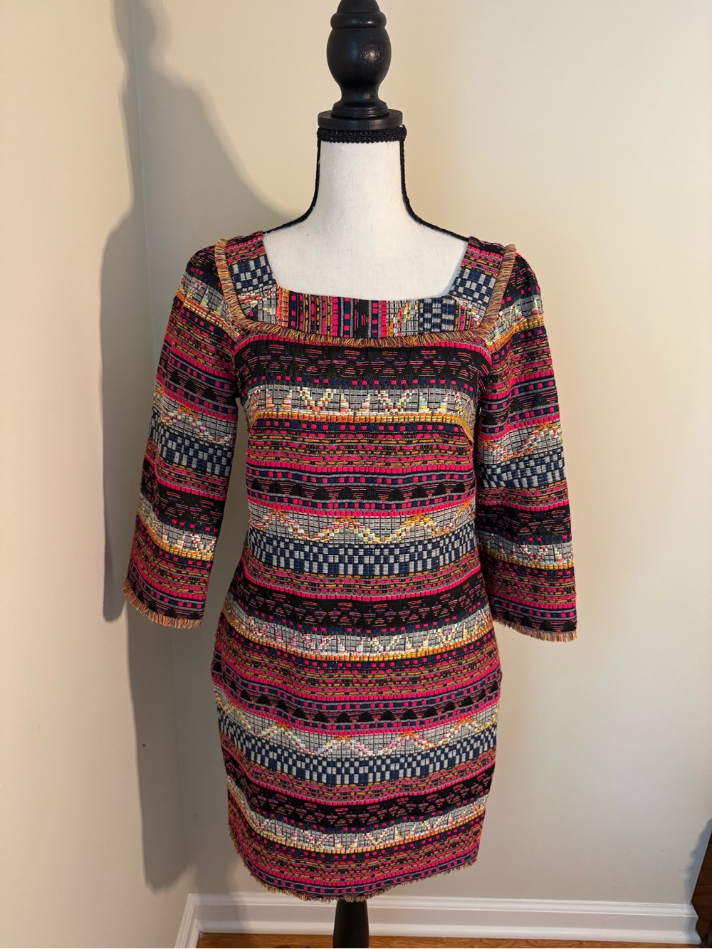 Trina Turk Pink, Black & Gold Patterned Square-Neck Shift Dress